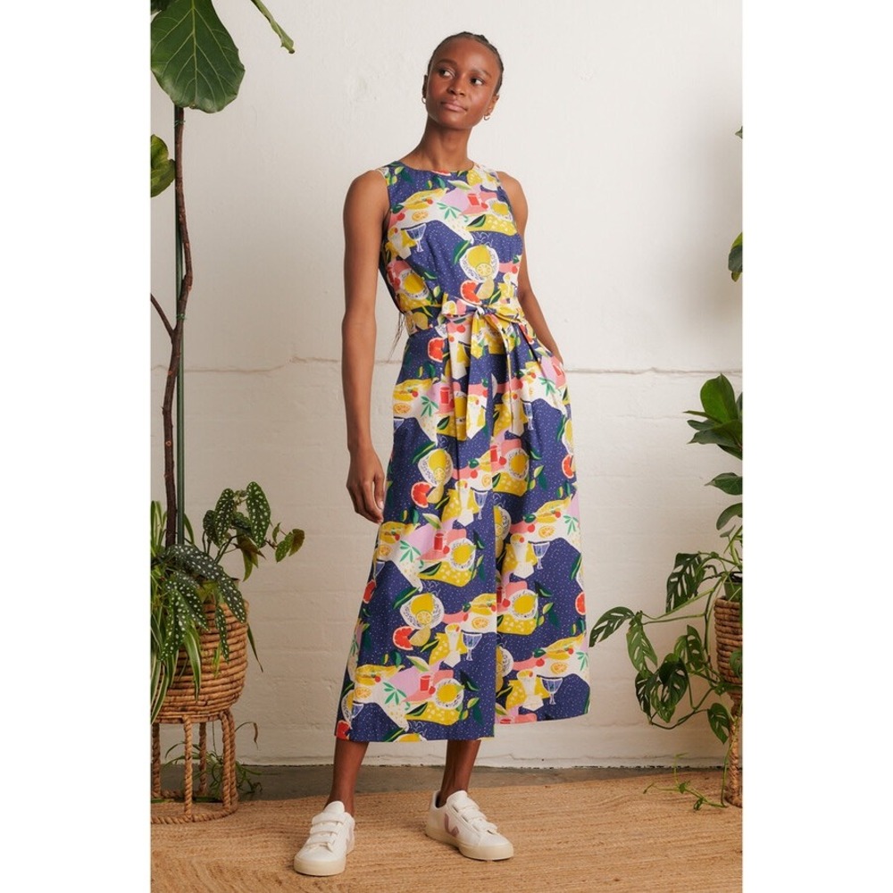 Sleeveless Navy Citrus Print Jumpsuit with Tie Waist